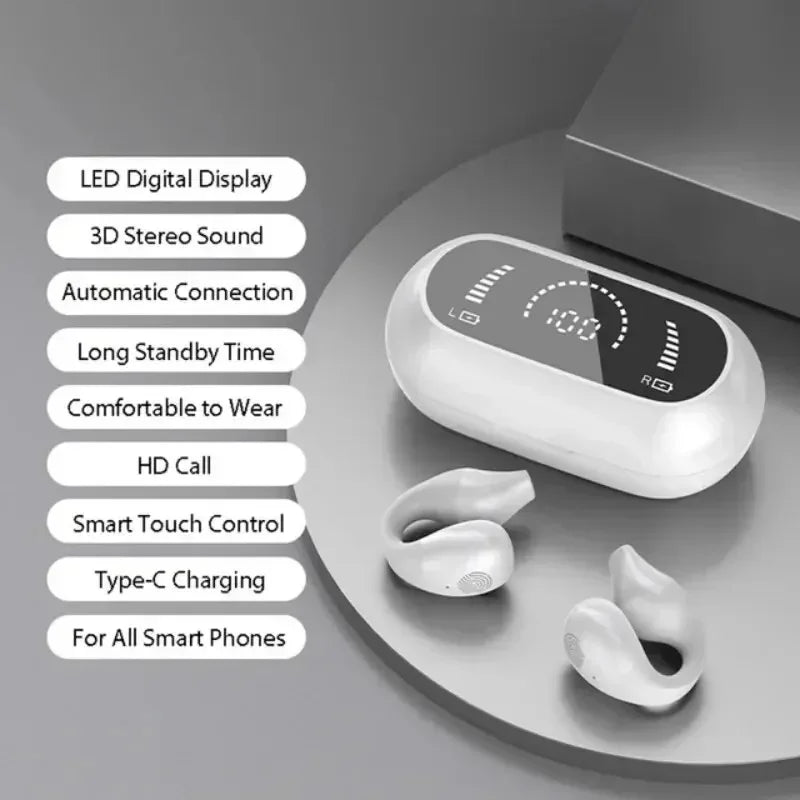 TWS Wireless Headphones Bluetooth 5.2 Bone Conduction Earphones Earclip Design Touch Control LED In Ear Earbuds Sports Headsets